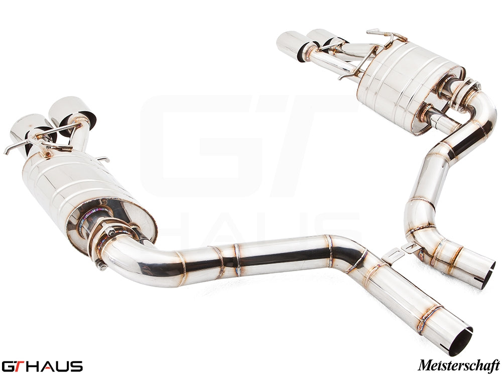 Premium performance exhaust system for Mercedes-Benz W212 E-Class E63 AMG V8, featuring stainless steel construction and dual tips.