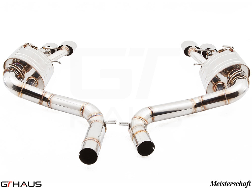 Premium performance exhaust system for Mercedes-Benz W212 E-Class E63 AMG V8, featuring stainless steel construction and dual tips.