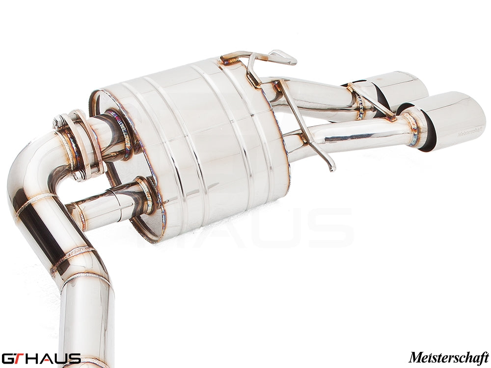 Premium exhaust system for Mercedes-Benz W212 E-Class E63 AMG V8, featuring polished stainless steel construction.
