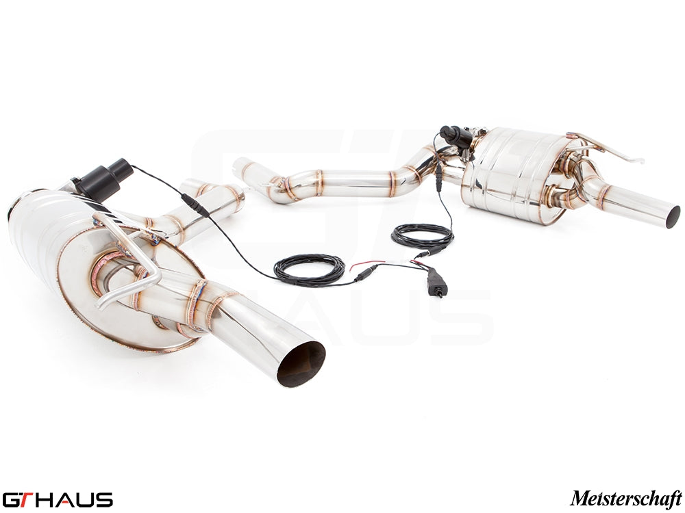 Premium exhaust system for 2014+ Mercedes-Benz W212 E-Class E63 AMG V8, featuring electronic valve control and stainless steel construction.
