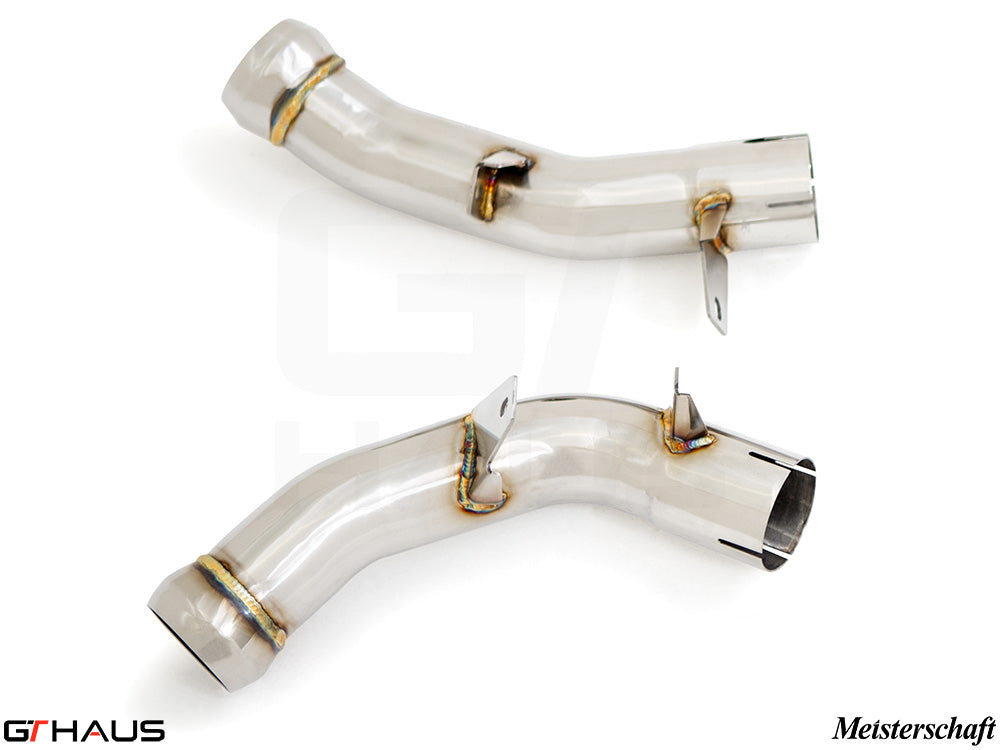 Mercedes-Benz W213 E-Class 2018+ down pipe with secondary cat-delete, featuring stainless steel construction and precise welds.