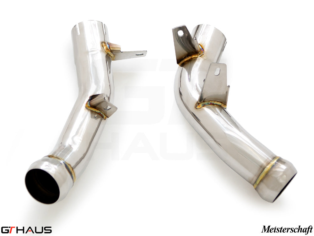 Mercedes-Benz W213 E-Class 2018+ down pipe featuring secondary cat-delete, crafted from high-quality stainless steel.
