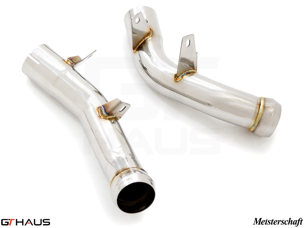 Mercedes-Benz W213 E-Class 2018+ down pipe with secondary cat-delete, featuring polished stainless steel construction.