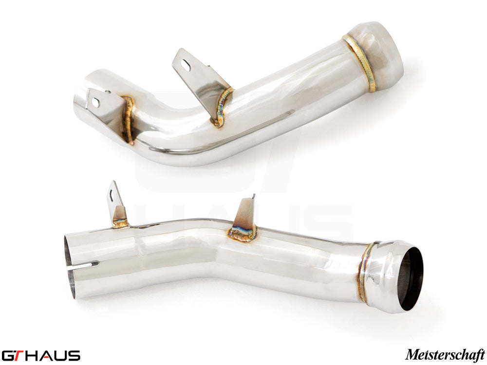 Mercedes-Benz W213 E-Class 2018+ down pipe featuring a secondary cat-delete design for enhanced exhaust flow.