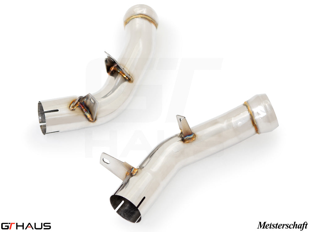 Mercedes-Benz W213 E-Class 2018+ down pipe featuring secondary cat-delete, crafted from high-quality stainless steel.