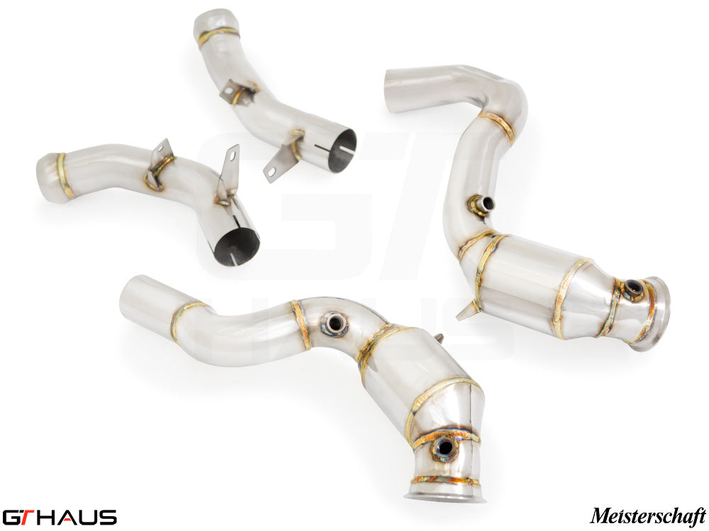 Premium stainless steel down pipes for 2018+ Mercedes-Benz W213 E-Class with OBD2 and 400 CEL sport cats.