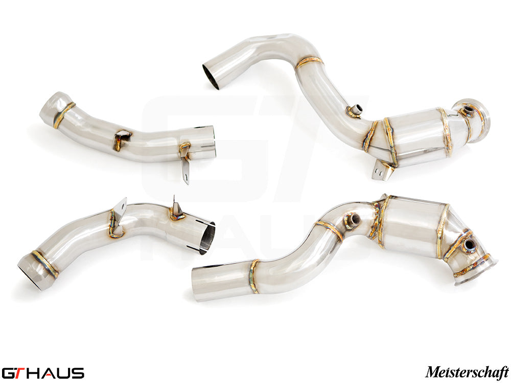 Premium down pipes for Mercedes-Benz W213 E-Class 2018+, featuring OBD2 compatibility and 400 CEL sport cats.