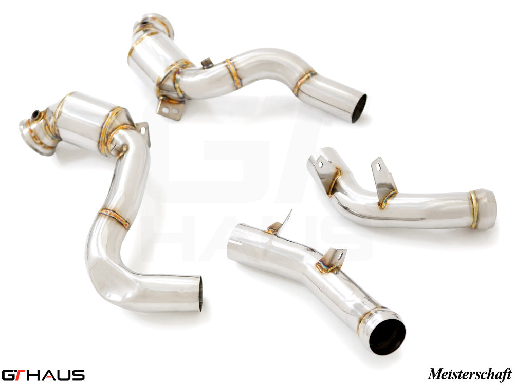 Premium downpipes for Mercedes-Benz W213 E-Class 2018+, featuring OBD2 compatibility and 400 CEL sport cats.