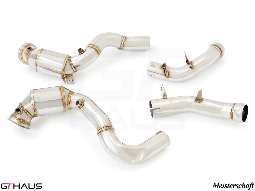 Premium down pipes for Mercedes-Benz W213 E-Class 2018+, featuring OBD2 and 400 CEL sport cats for enhanced performance.