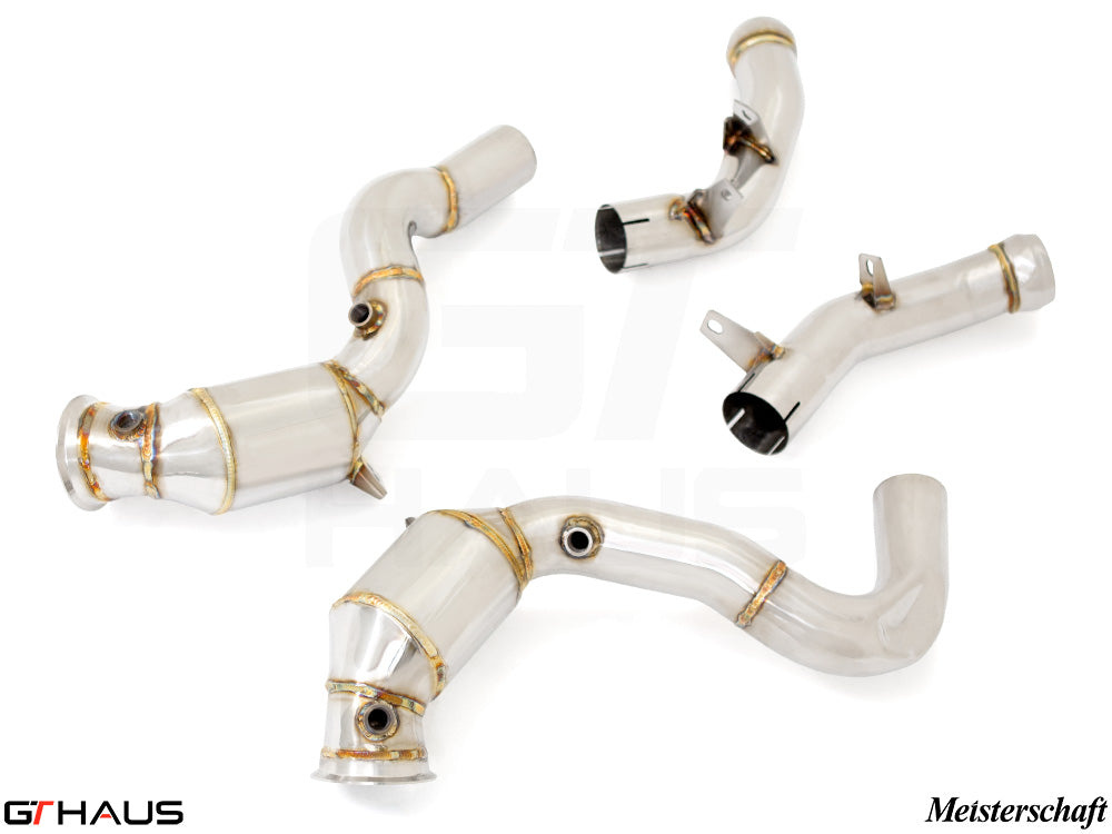 Premium down pipes for Mercedes-Benz W213 E-Class 2018+, featuring OBD2 compatibility and 400 CEL sport cats.