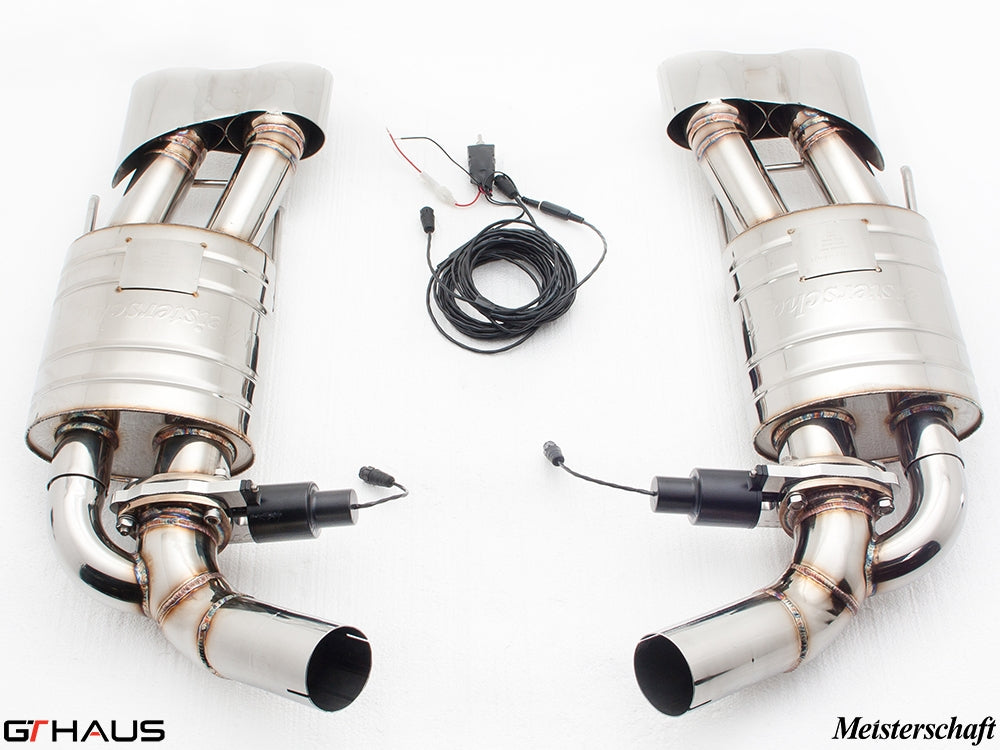 Premium Meisterschaft exhaust system for Mercedes-Benz W216 CL-Class Coupe CL550 V8, featuring stainless steel construction and electronic valve control.