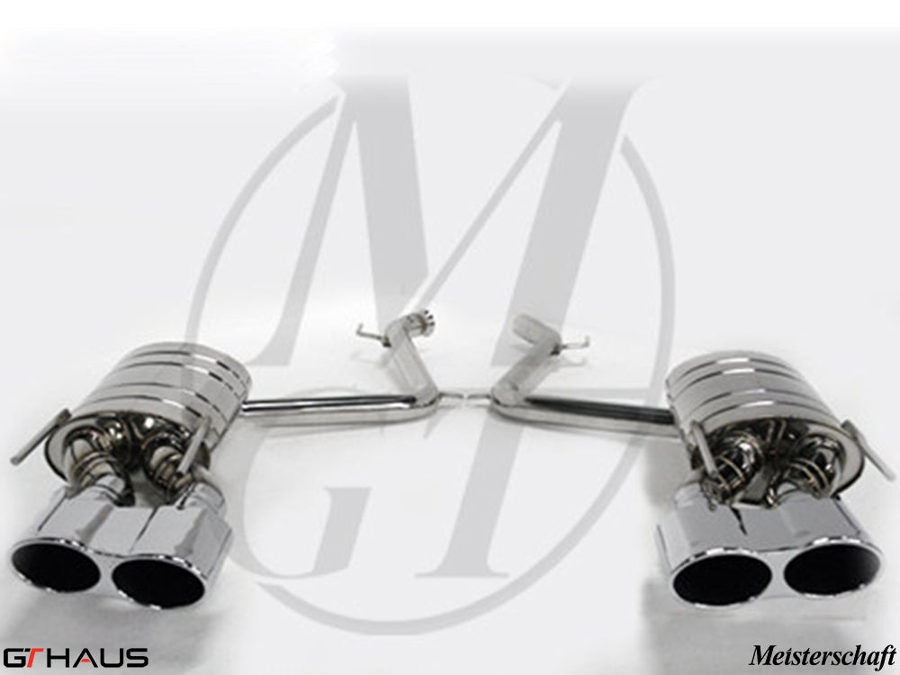 Premium exhaust system for Mercedes-Benz W216 CL-Class Coupe CL550 V8, featuring polished stainless steel and dual tips.