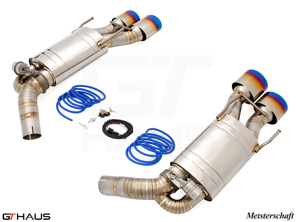 Premium Meisterschaft exhaust system for Mercedes-Benz W216 CL-Class Coupe CL550 V8, featuring stainless steel construction and dual tips.