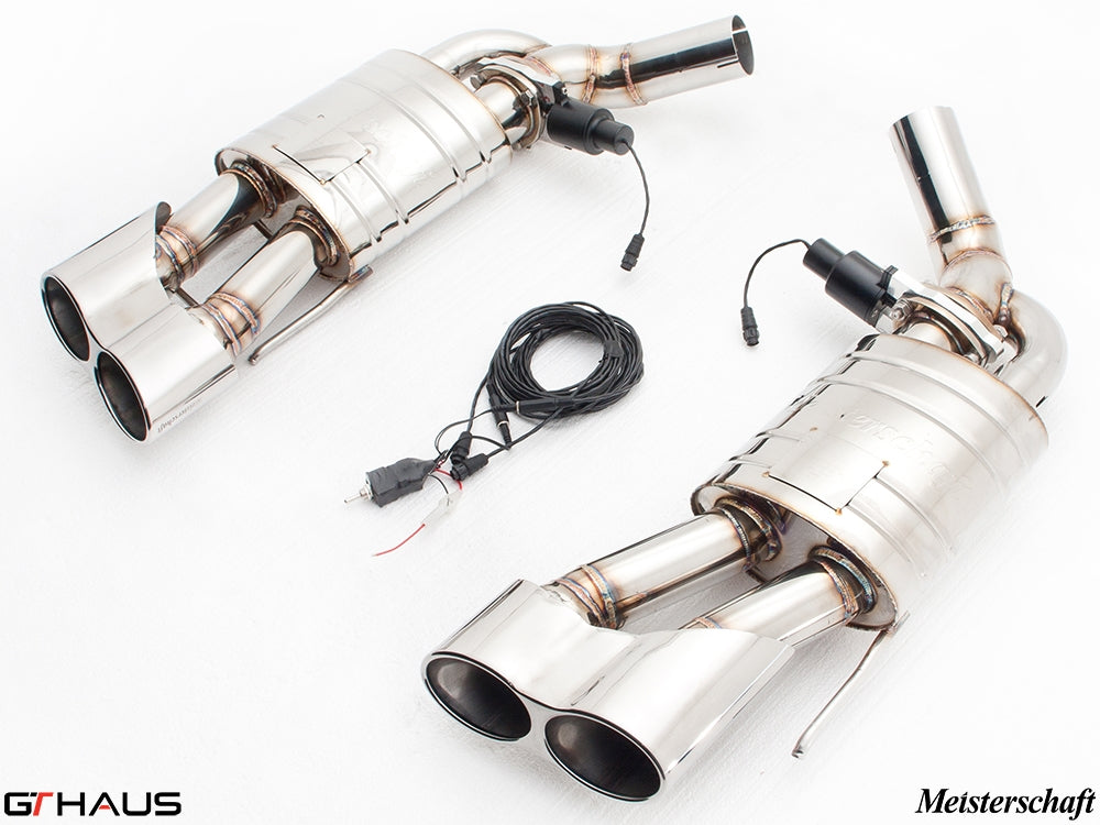 Premium exhaust system for Mercedes-Benz W216 CL-Class Coupe CL600 V12, featuring dual polished tips and electronic valve control.