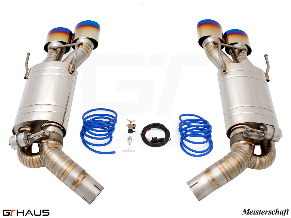 Premium performance exhaust system for Mercedes-Benz W216 CL-Class Coupe CL63 V8 Bi-turbo, featuring dual tips and valve control.