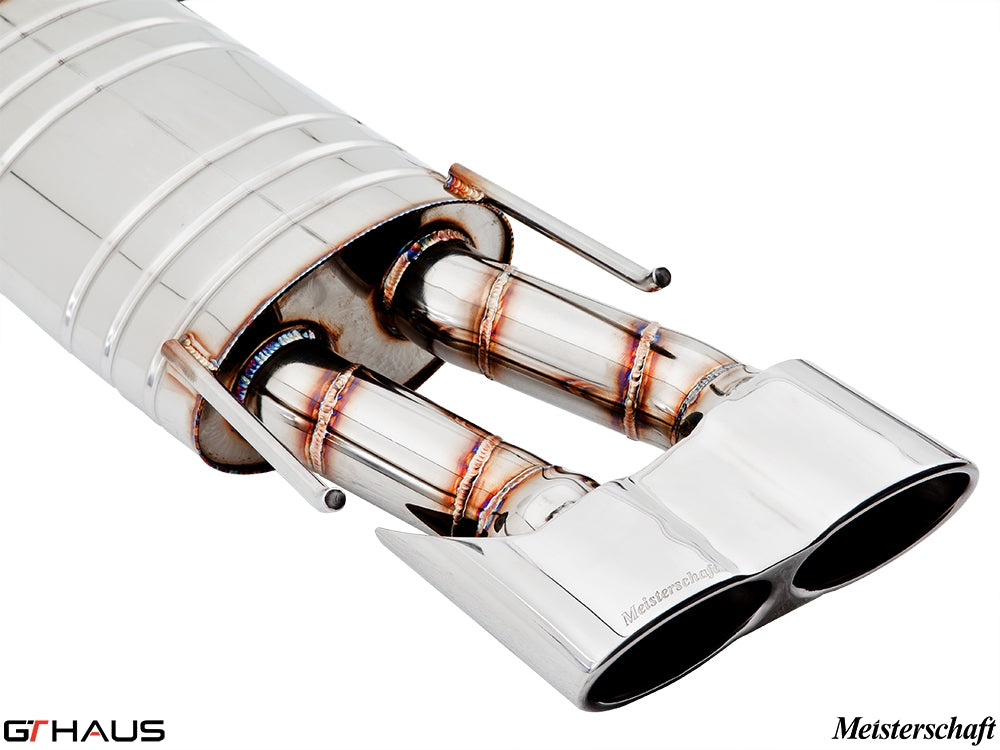Premium Meisterschaft exhaust system for Mercedes-Benz W216 CL-Class CL65 AMG, featuring dual polished tips and high-quality craftsmanship.