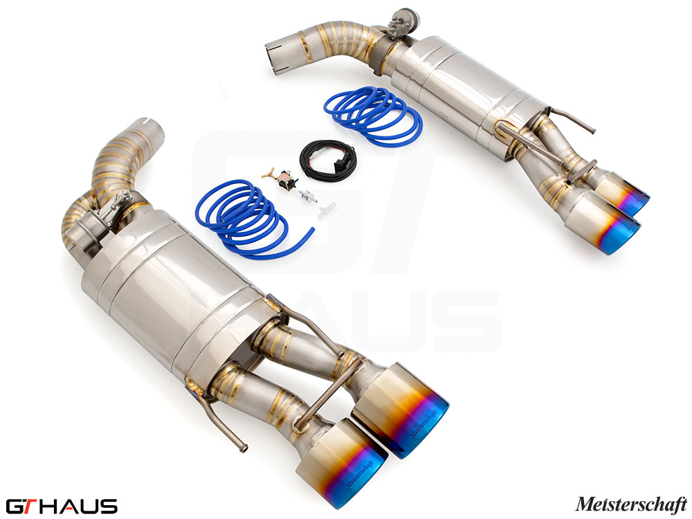Premium exhaust system for Mercedes-Benz W216 CL-Class Coupe CL65 AMG V12 Bi-turbo, featuring dual tips and performance enhancements.