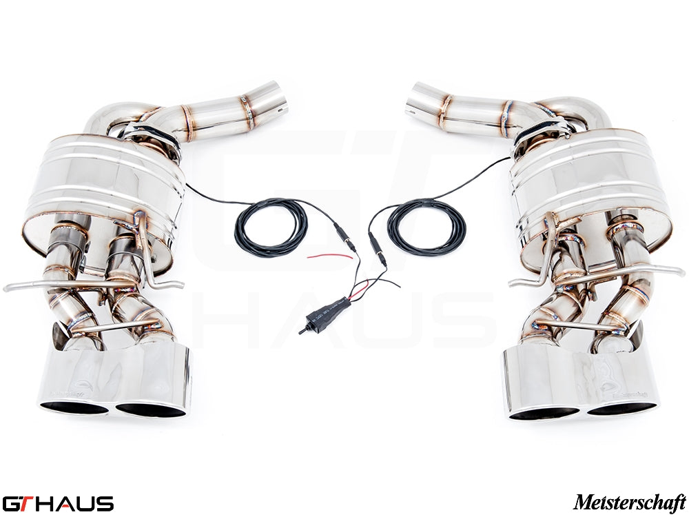 Premium performance exhaust system for Mercedes-Benz W218 CLS-Class CLS500/550, featuring dual tips and electronic valve control.