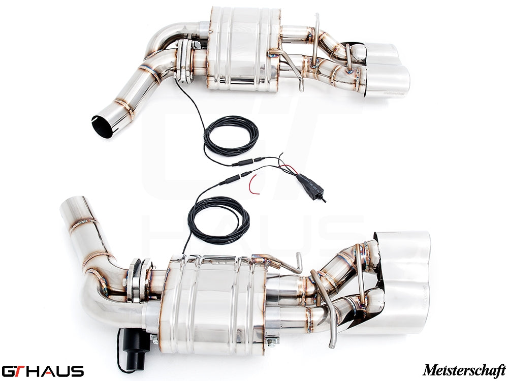 Premium Meisterschaft exhaust system for Mercedes-Benz W218 CLS-Class Sedan CLS500/550, featuring stainless steel construction and electronic valve control.