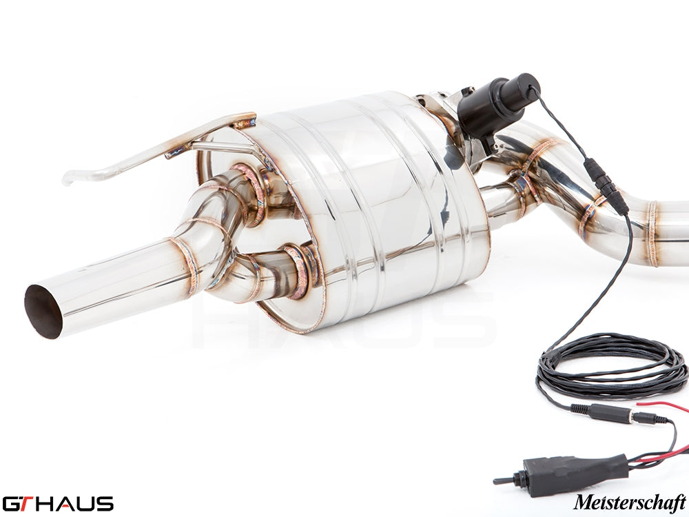 Premium exhaust system for Mercedes-Benz W218 CLS-Class CLS500/550 V8 Bi-turbo, featuring polished stainless steel and electronic valve control.