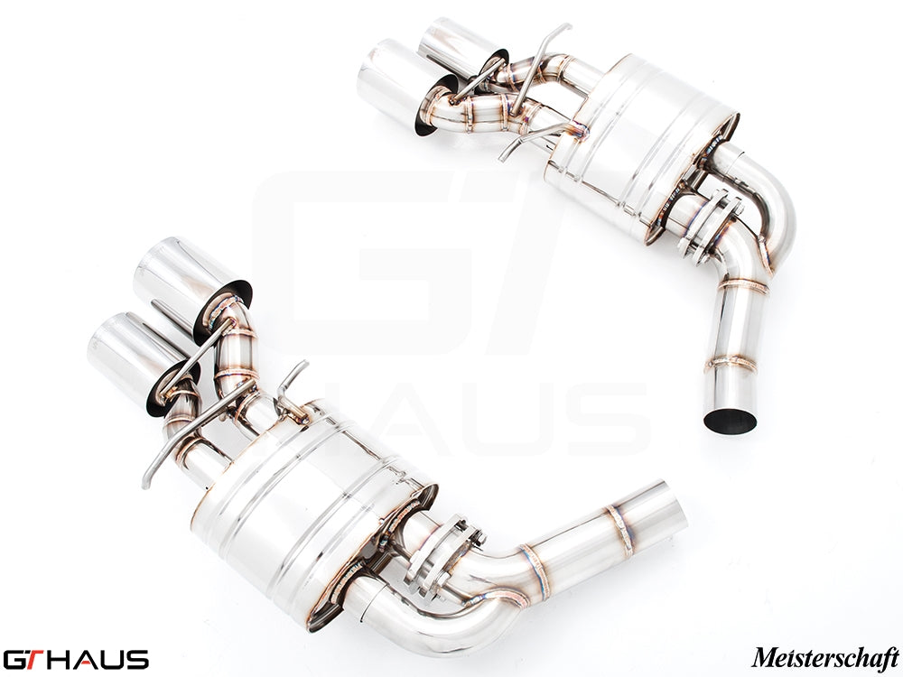 Premium performance exhaust system for Mercedes-Benz W218 CLS-Class Sedan CLS500/550, featuring stainless steel construction and dual tips.