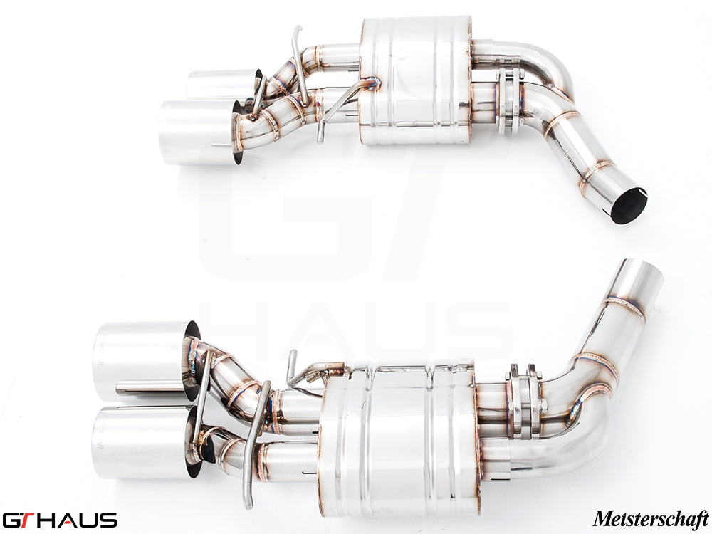 Premium performance exhaust system for Mercedes-Benz W218 CLS-Class CLS500/550, featuring stainless steel construction and dual tips.