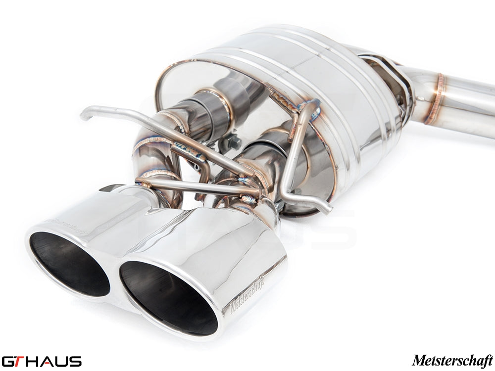 Premium exhaust system for Mercedes-Benz W218 CLS-Class Sedan CLS63/63s AMG featuring dual polished tips and stainless steel construction.