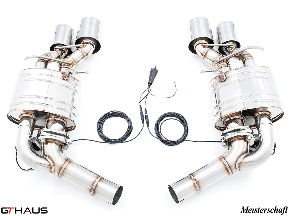 Premium exhaust system for Mercedes-Benz W218 CLS63 AMG, featuring dual tips and electronic valve control for enhanced performance.