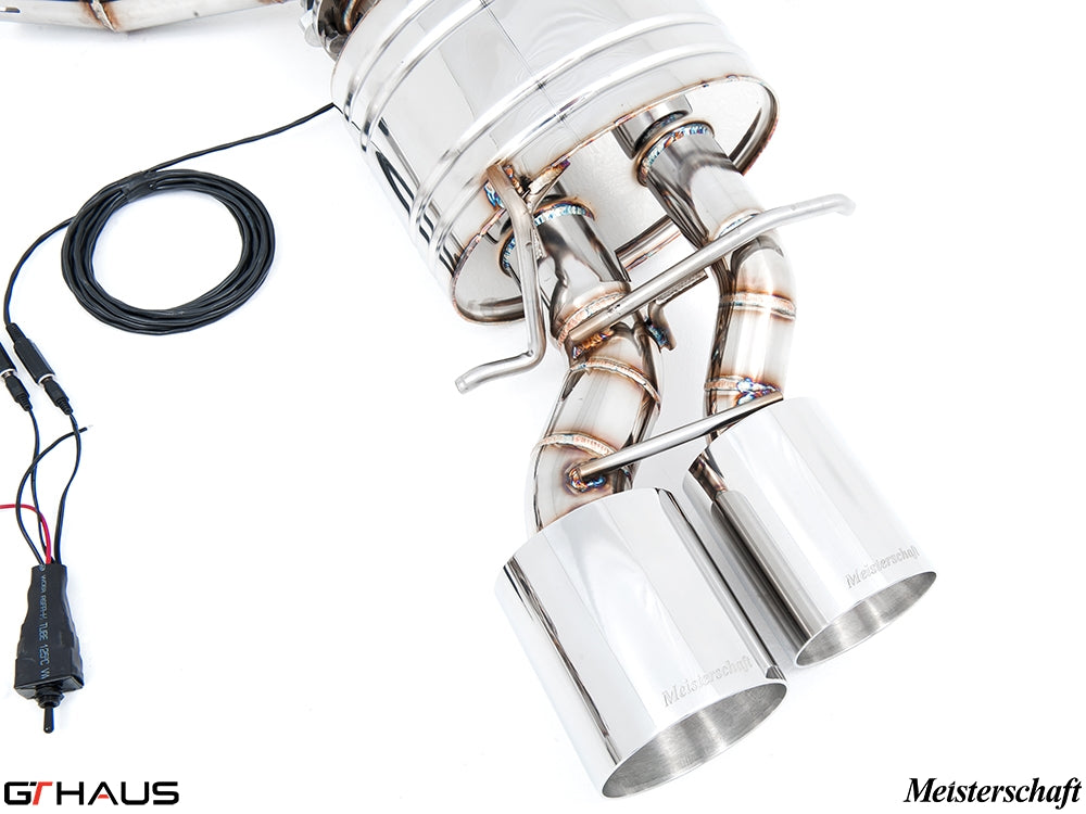 Premium Meisterschaft exhaust system for Mercedes-Benz W218 CLS63 AMG, featuring polished dual tips and electronic valve control.