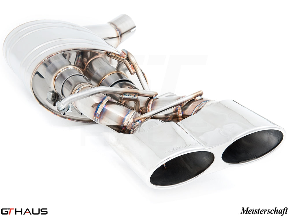 Premium exhaust system for Mercedes-Benz W218 CLS-Class CLS63 AMG, featuring dual polished tips and stainless steel construction.