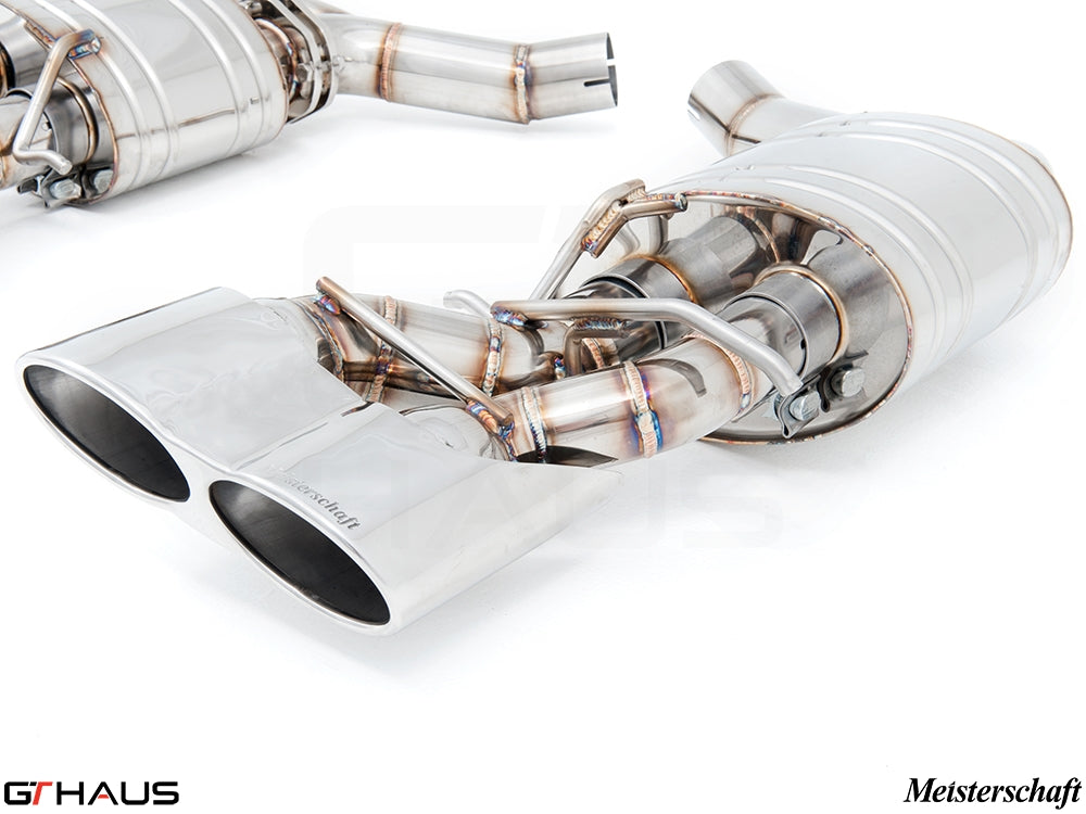 Premium stainless steel exhaust system for Mercedes-Benz W218 CLS63 AMG, featuring dual tips and precision craftsmanship.