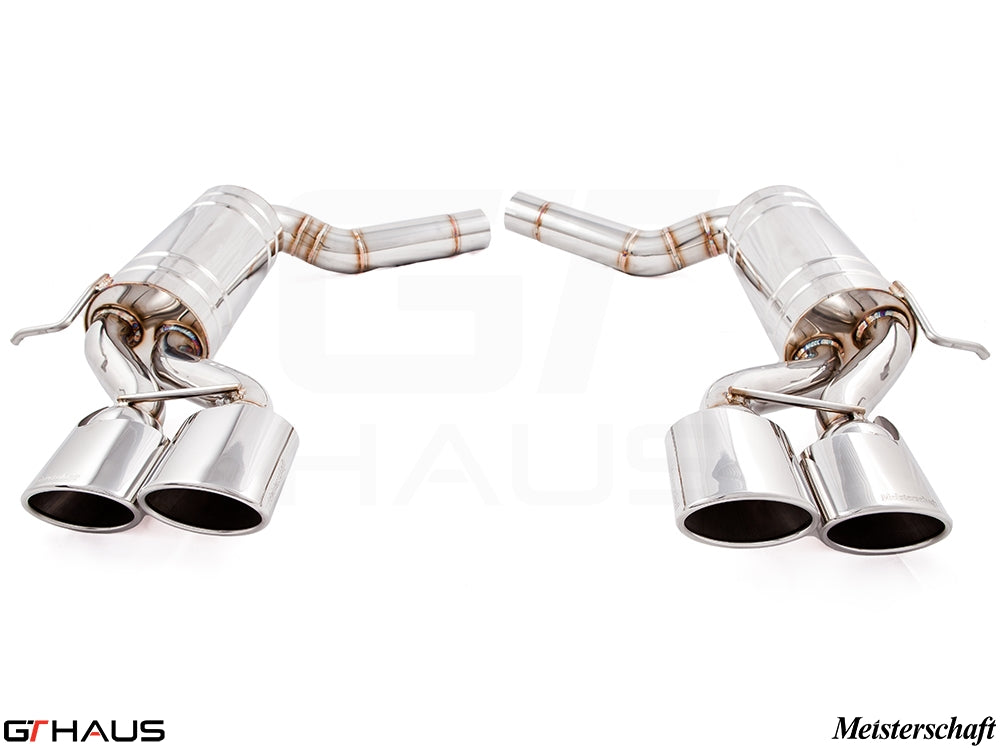 Premium Meisterschaft exhaust system for Mercedes-Benz W219 CLS-Class CLS350 V6, featuring polished dual tips and stainless construction.