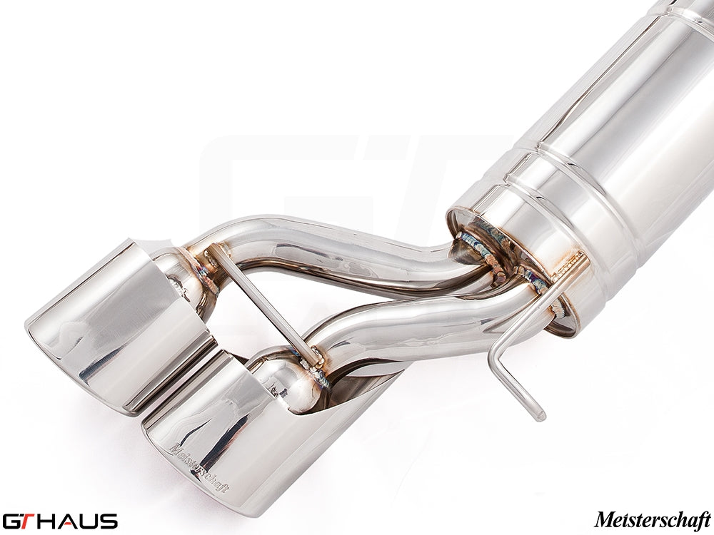 Premium stainless steel exhaust system for Mercedes-Benz W219 CLS550 V8, featuring dual tips and precision engineering.