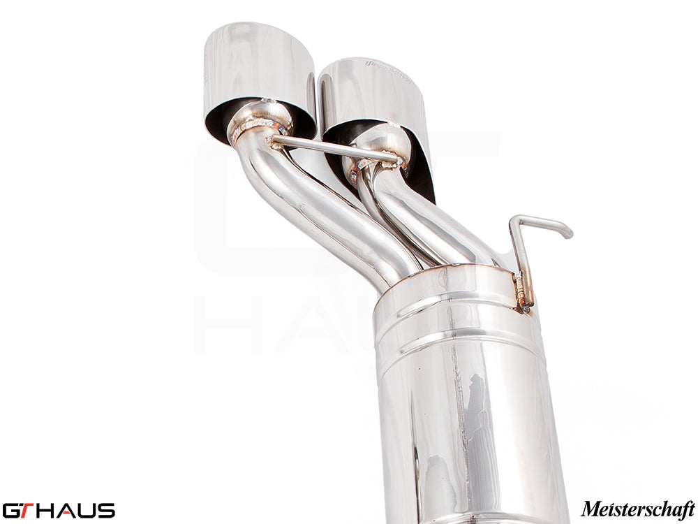 Premium stainless steel exhaust system for Mercedes-Benz W219 CLS63 AMG V8, featuring dual polished tips and performance design.