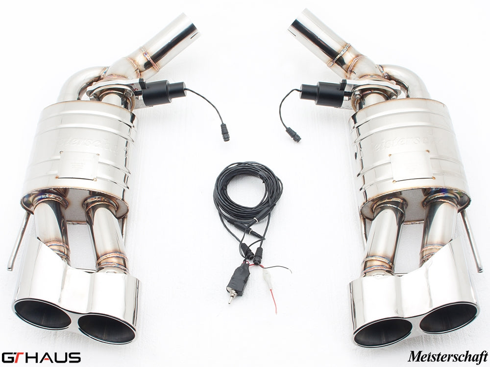 Premium exhaust system for 2011-2013 Mercedes-Benz W221 S-Class S550 V8 Bi-turbo models, featuring stainless steel construction and electronic valve control.
