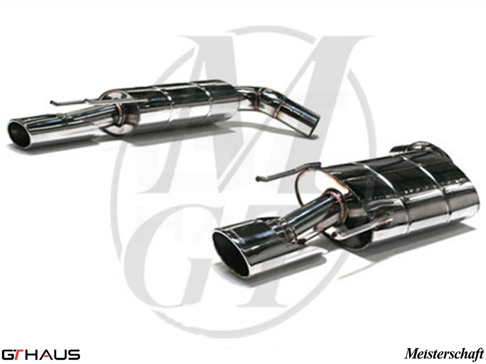 High-performance exhaust system for Mercedes-Benz W221 S-Class S550 V8, featuring polished stainless steel construction.