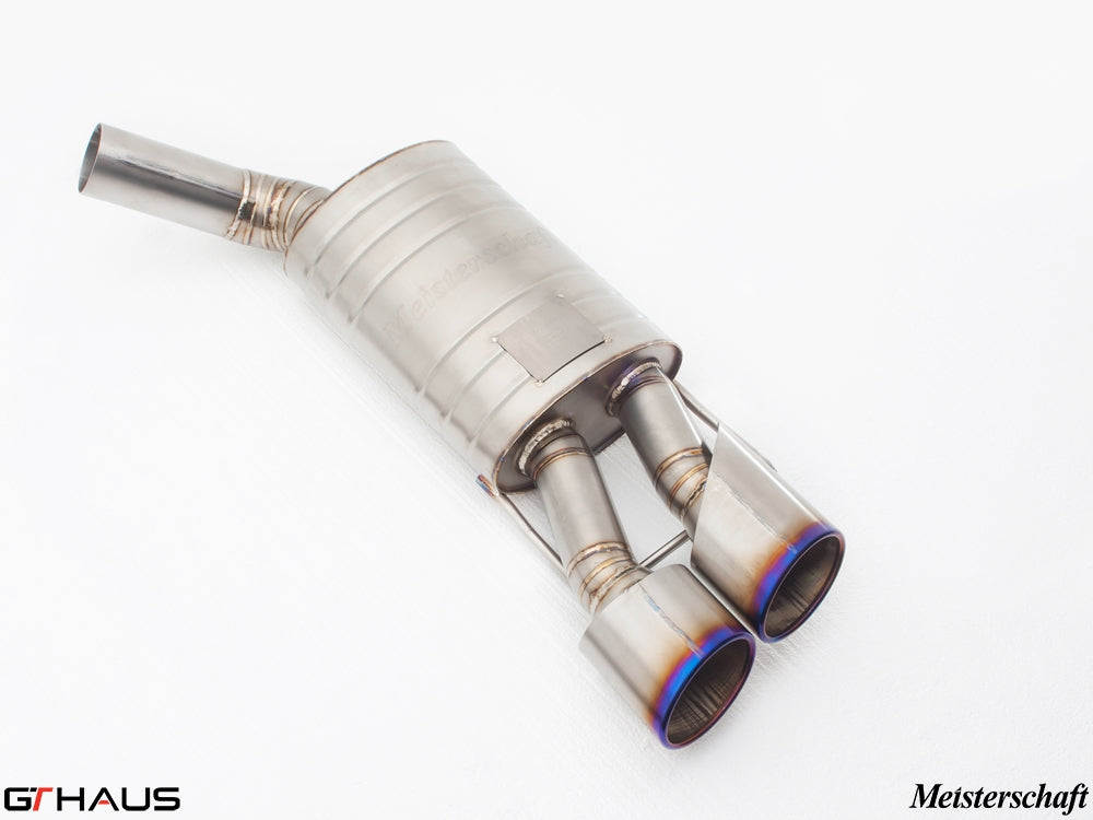 Premium stainless steel exhaust system for Mercedes-Benz W221 S-Class S600 V12, featuring dual tips and Meisterschaft branding.