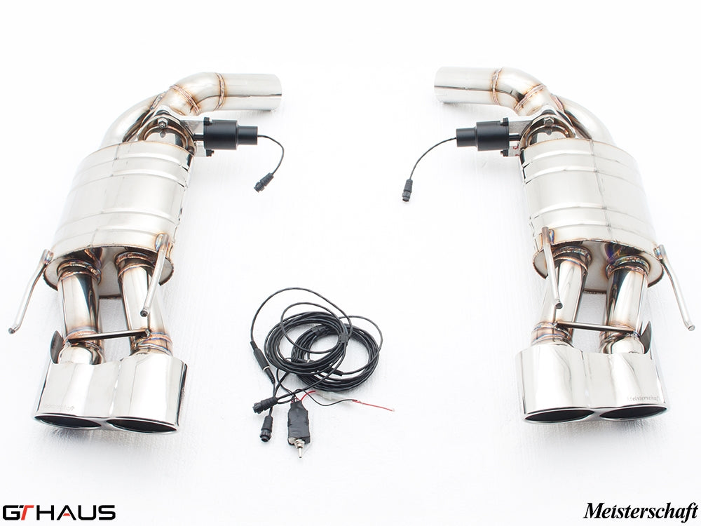 Premium exhaust system for Mercedes-Benz W221 S-Class S65 AMG, featuring dual tips and electronic valve control.