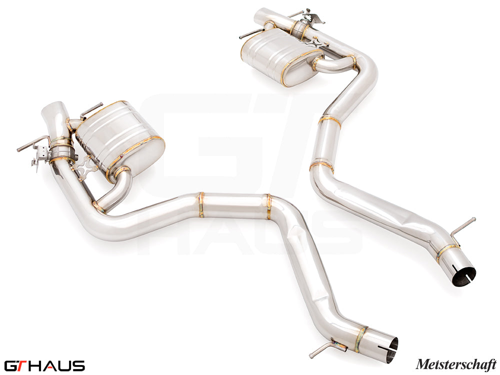 Premium stainless steel exhaust system for the 2024+ Mercedes-Benz W223 S63E AMG Hybrid, featuring Meisterschaft craftsmanship.