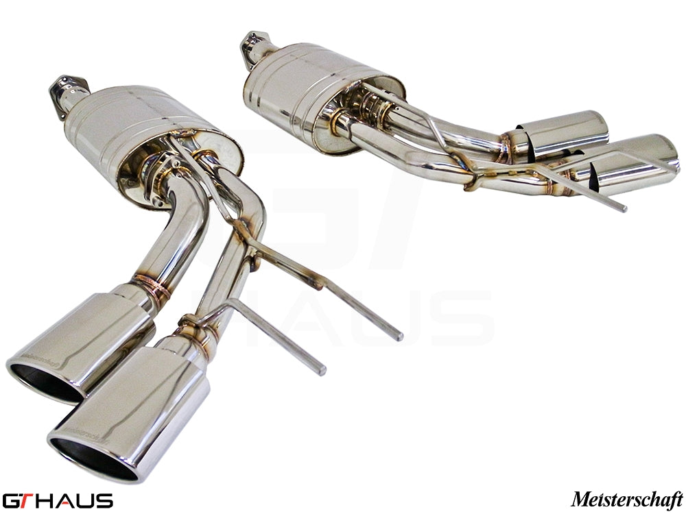 Premium exhaust system for Mercedes-Benz W463 G-Class G500/550, featuring polished stainless steel and dual tips.