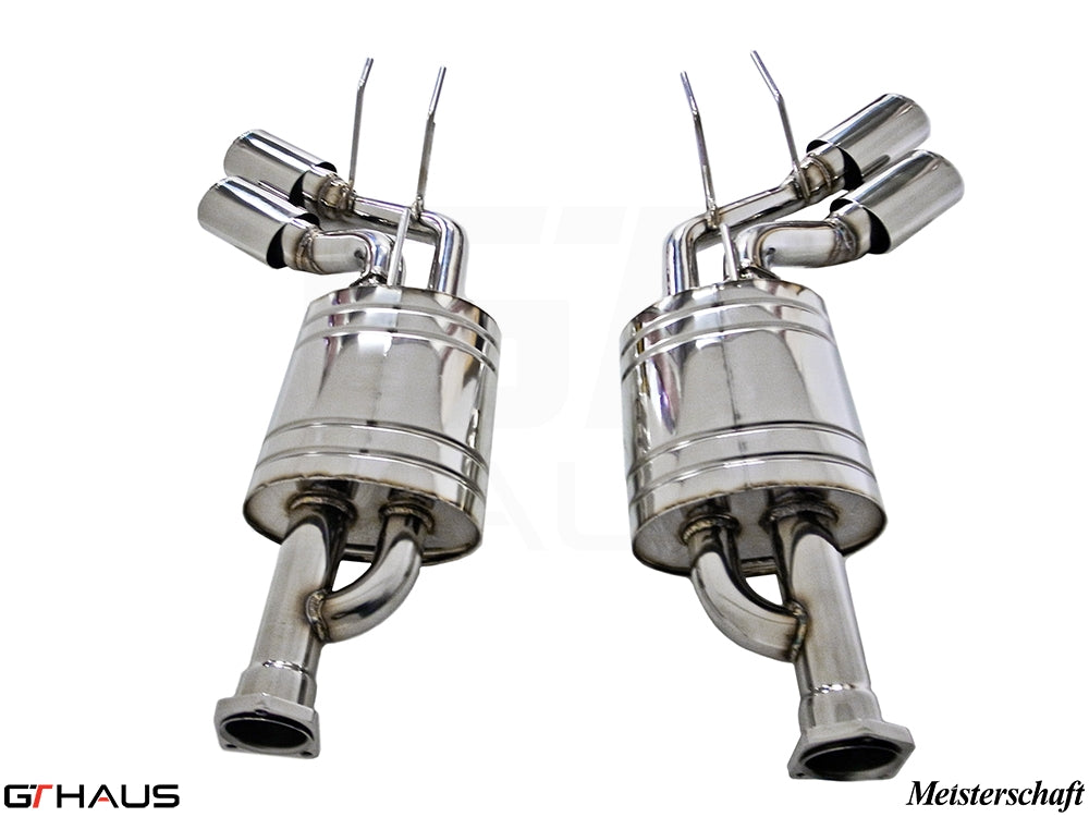 Premium exhaust system for Mercedes-Benz W463 G-Class G500/550 featuring polished stainless steel construction and dual tips.