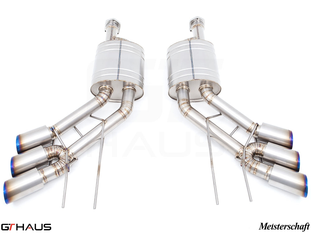Premium Meisterschaft exhaust system for Mercedes-Benz W463 G-Class G500/550 V8 turbo, featuring stainless steel construction.