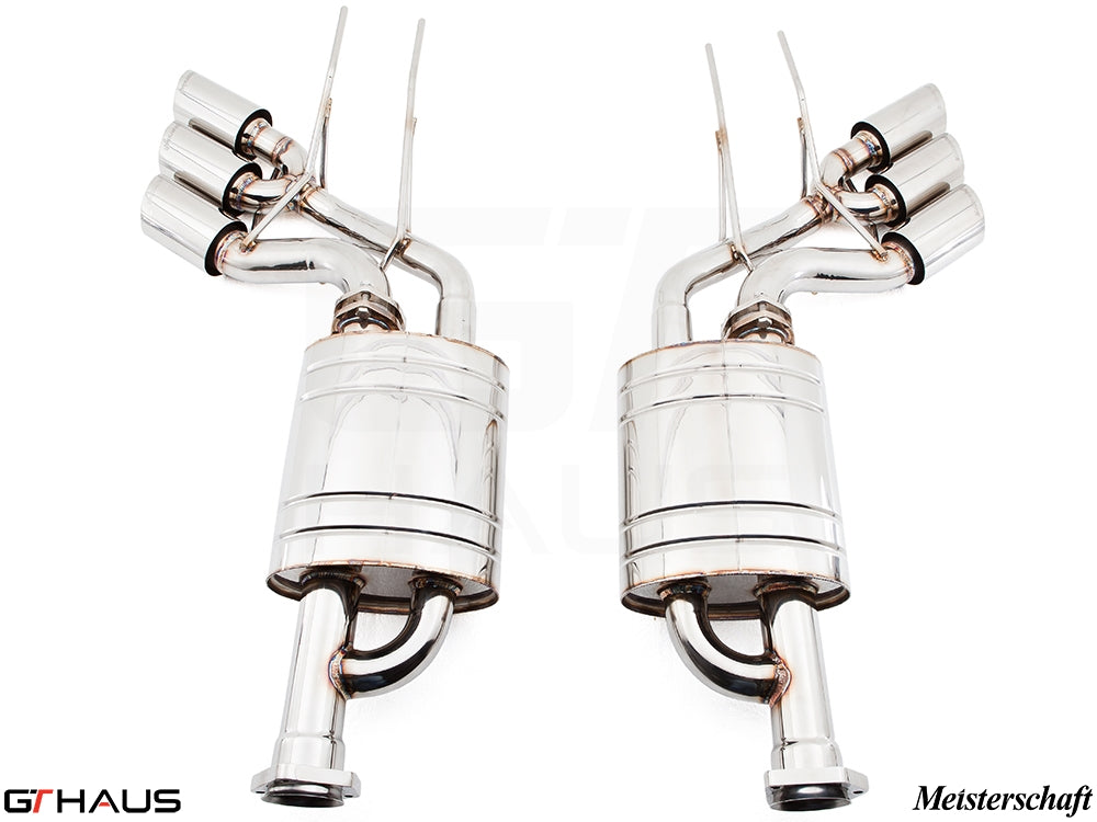 Premium exhaust system for Mercedes-Benz W463 G-Class G63 AMG, featuring polished stainless steel and dual tips.