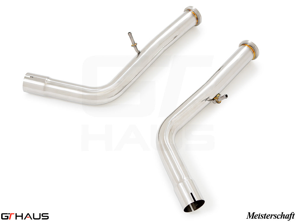 Stainless steel down pipes for Mercedes-Benz W463 G-Class G500/550, designed for V8 turbo models, featuring secondary cat-delete.