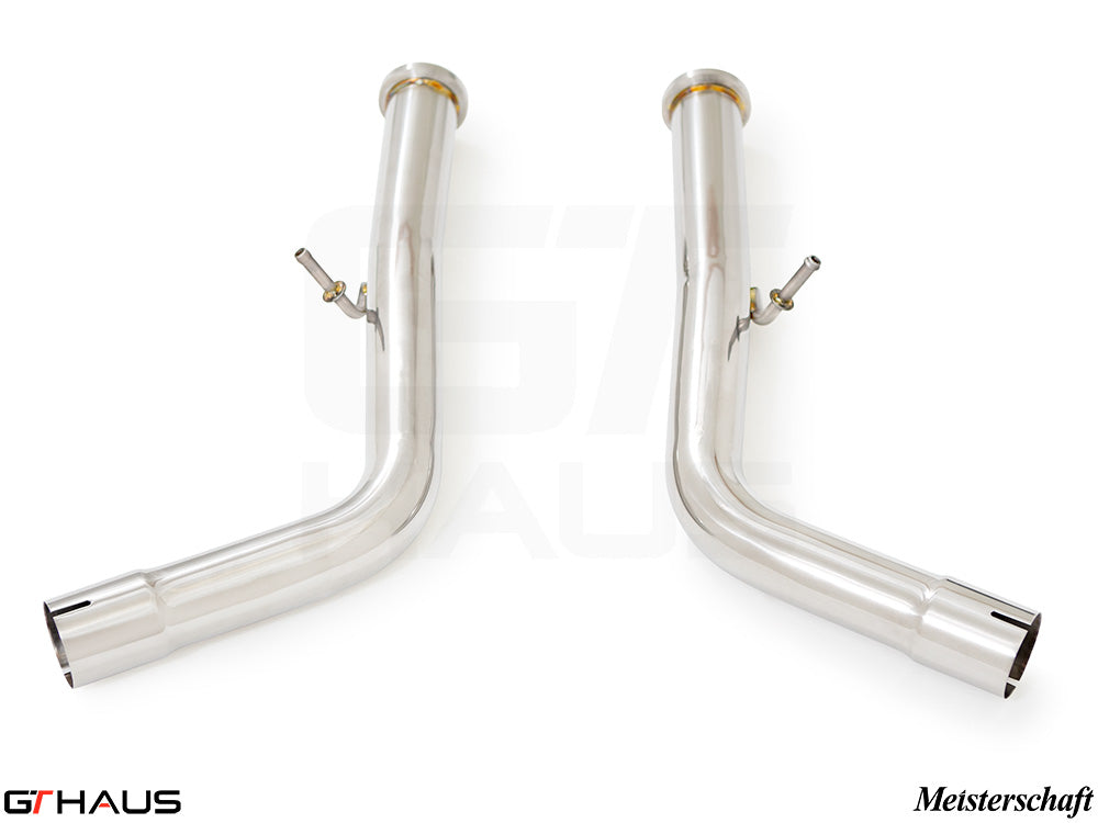 Mercedes-Benz W463 G-Class 2019+ down pipe for G500/550 V8 turbo, featuring secondary cat-delete design for enhanced performance.