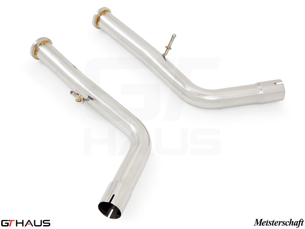 Stainless steel down pipes for 2019+ Mercedes-Benz W463 G-Class, designed for secondary cat-delete and enhanced performance.