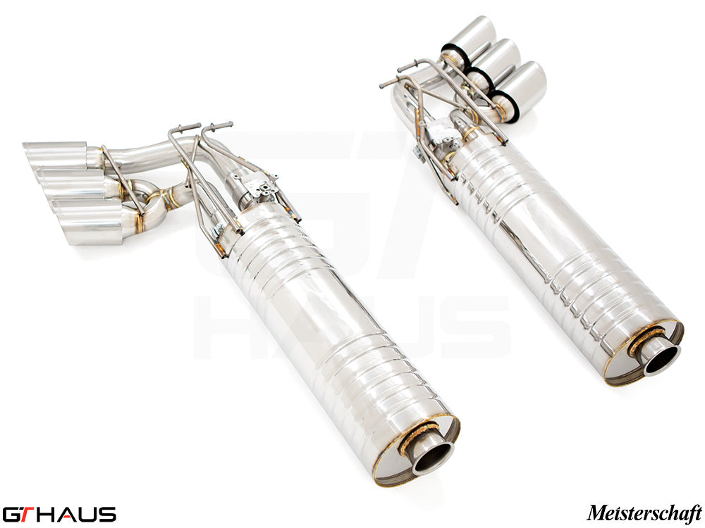 Premium Meisterschaft exhaust system for Mercedes-Benz W463 G-Class G500/550 V8 turbo, featuring polished stainless steel design.
