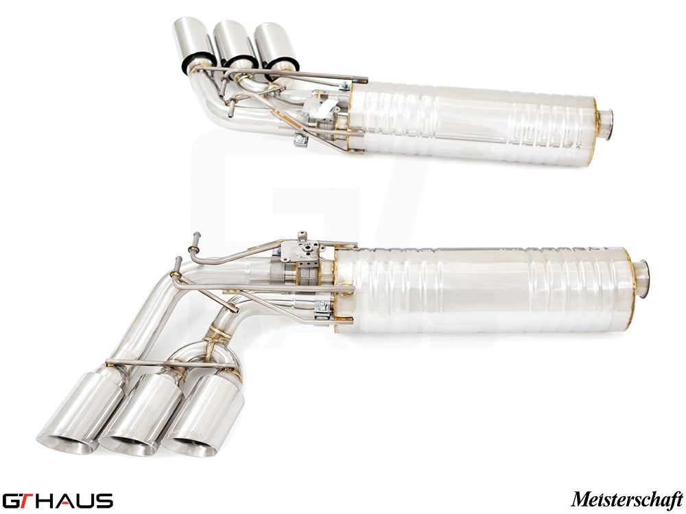Premium exhaust system for Mercedes-Benz W463 G-Class G500/550 (V8 turbo) featuring stainless steel construction and quad tips.