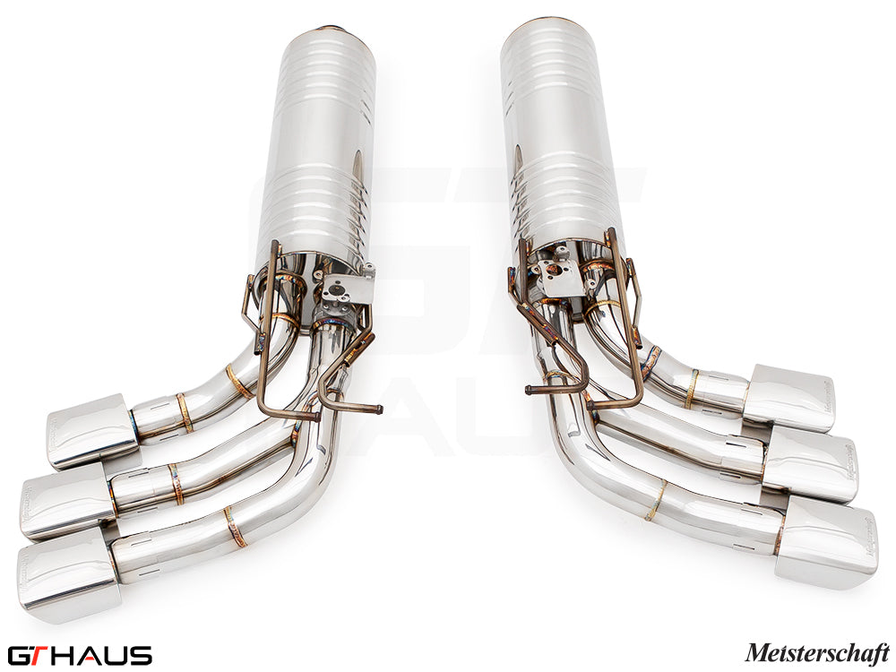 Premium exhaust system for 2019+ Mercedes-Benz W463 G-Class G500/550 featuring polished stainless steel construction.