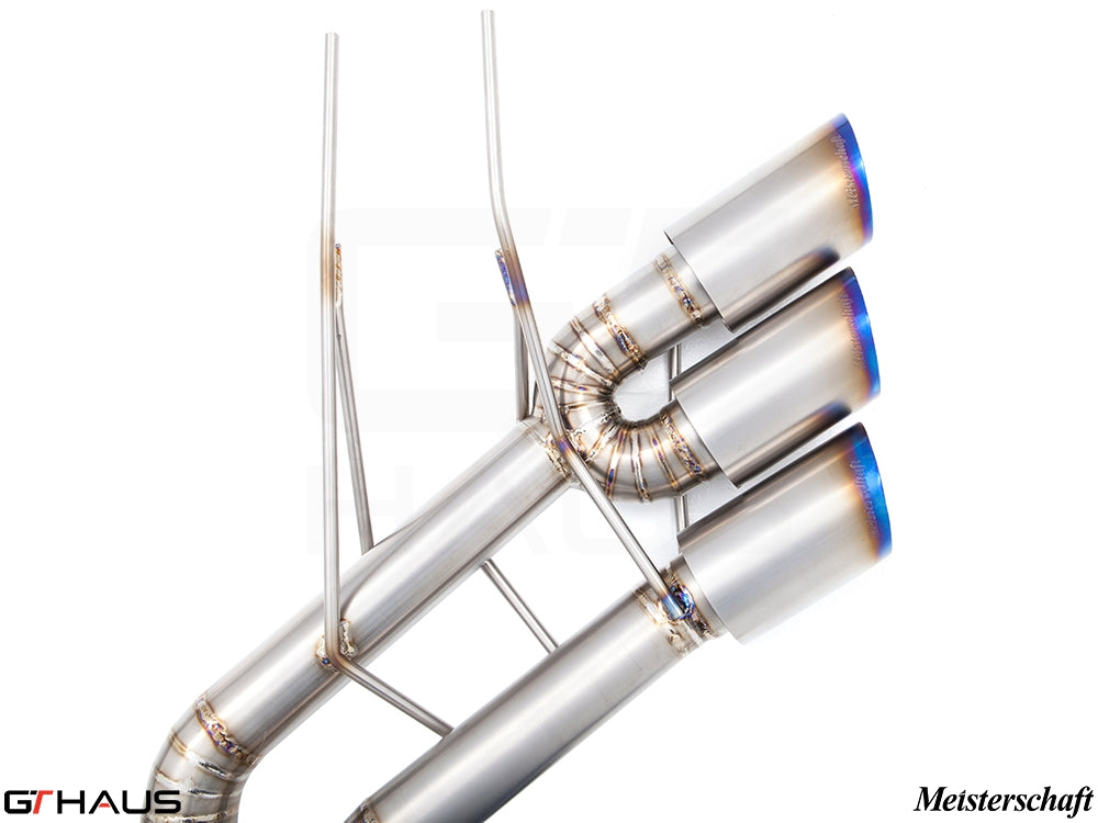 Premium stainless steel exhaust system for 2019+ Mercedes-Benz G-Class G500/550 with V8 turbo, featuring Meisterschaft design.